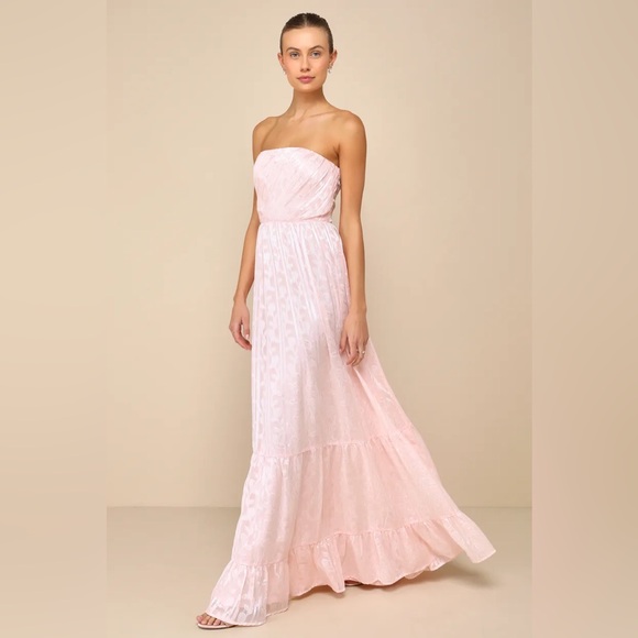 Lulus Dresses & Skirts - Lulu’s Adorably Elegant Blush Pink Jacquard Floral Satin Stripe Strapless Maxi